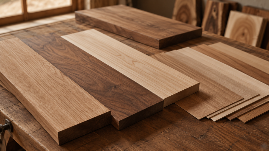 Solid wood boards and veneer samples side by side in a workshop